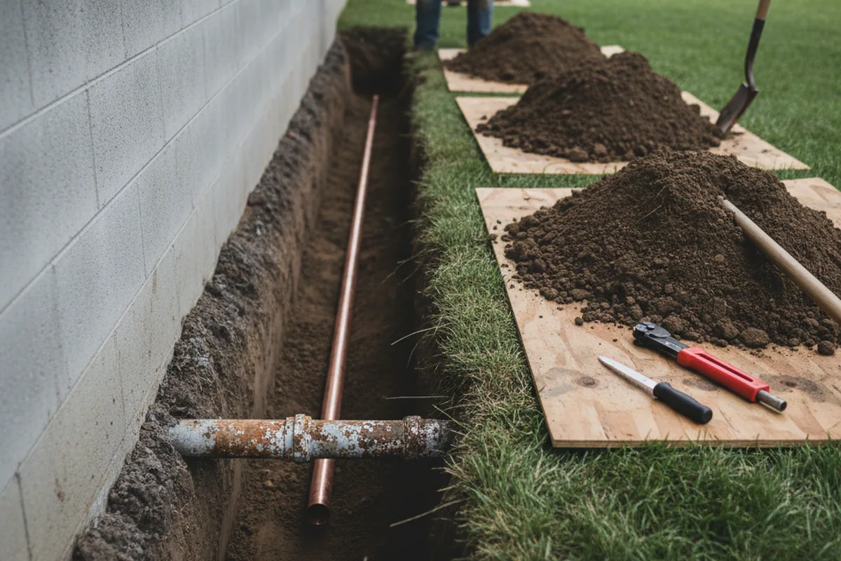 Excavated water line trench during Water Softener Installation in Chehalis